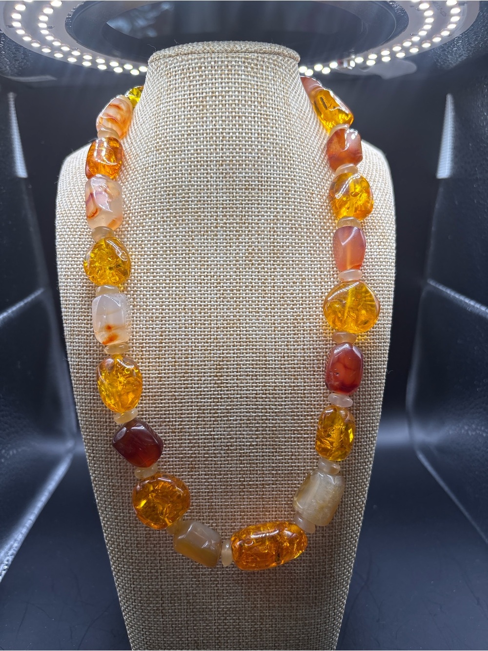 Vintage Amber Tone Crackle Glass & Carnelian Agate Statement Bead Necklace